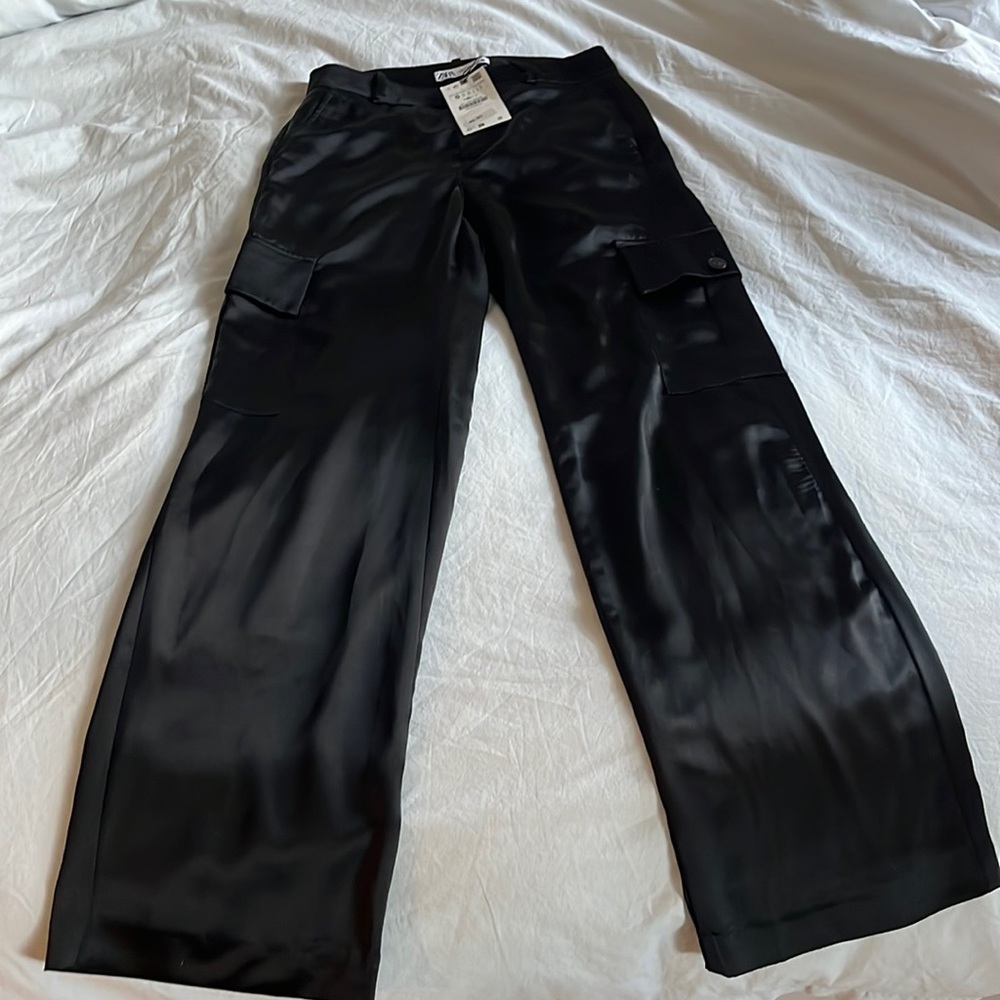Zara Black Satin Wide-Leg Cargo Pants